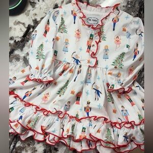 Christmas dress- White Dress with Nutcracker Print and Red Trim